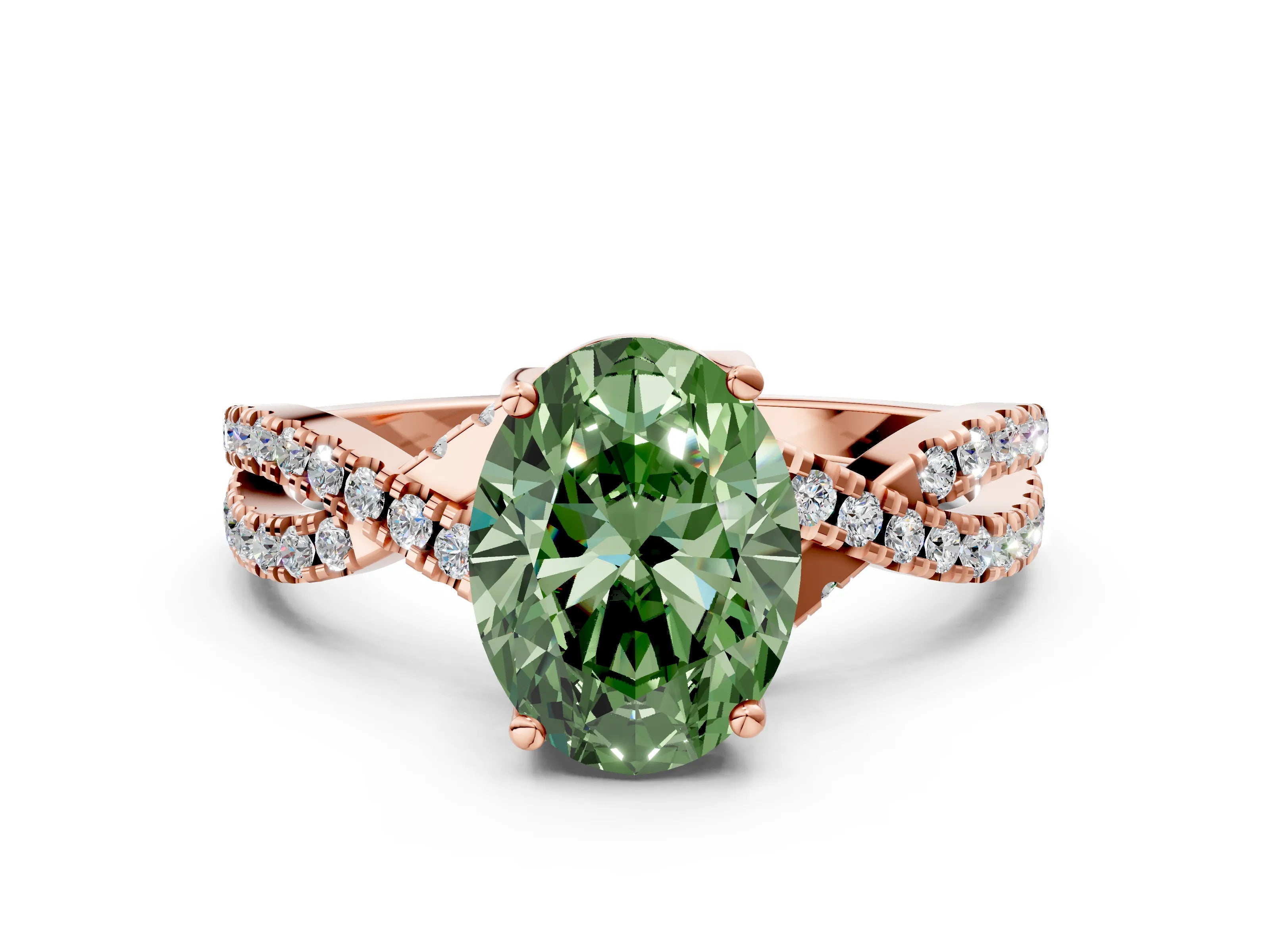 Rose gold Fancy Green Oval Cut Solitaire Twist Pave Diamond Engagement Ring with Prong Setting