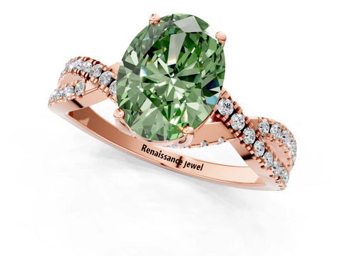 Rose gold Fancy Green Oval Cut Solitaire Twist Pave Diamond Engagement Ring with Prong Setting_1