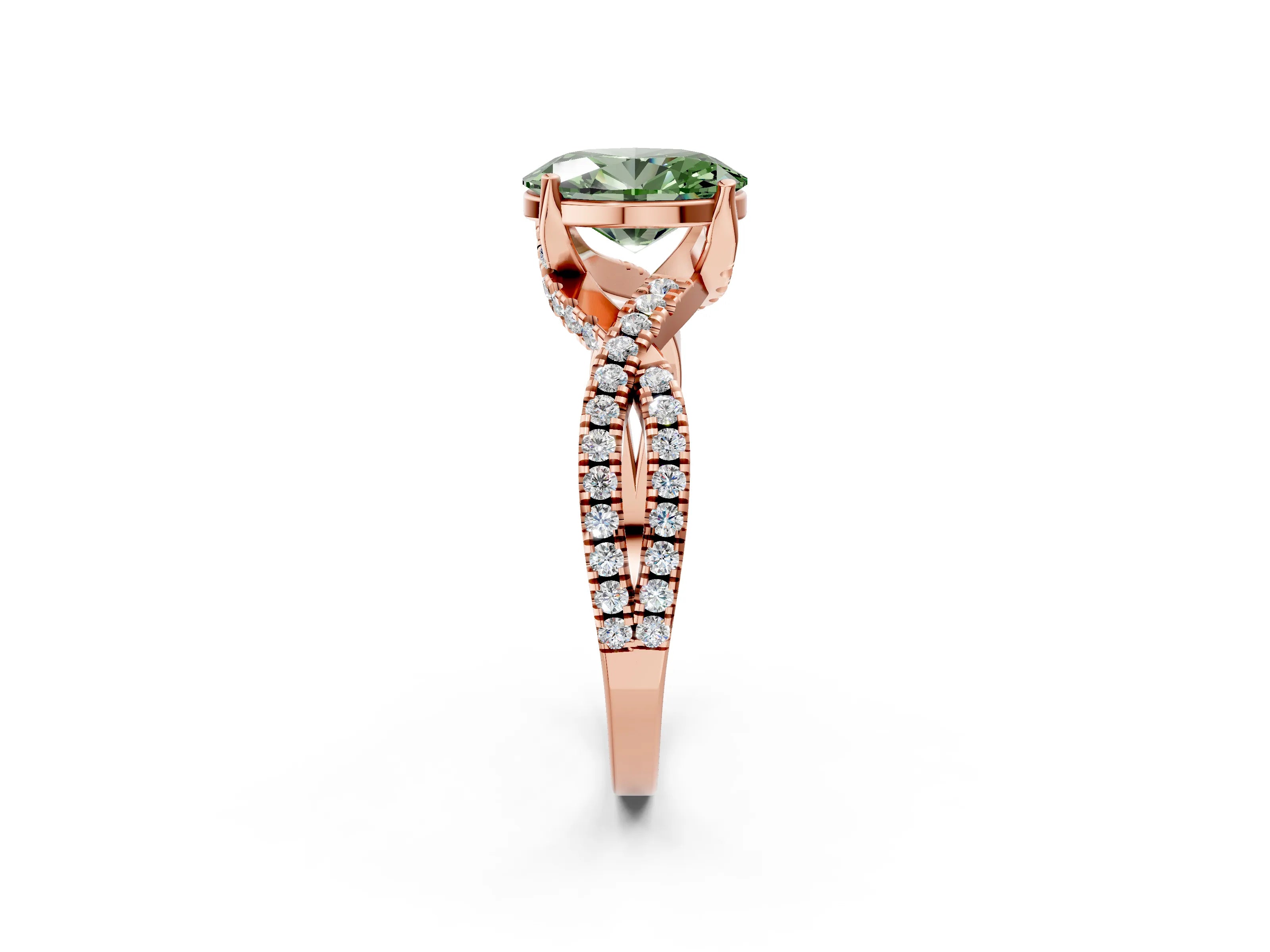Rose gold Fancy Green Oval Cut Solitaire Twist Pave Diamond Engagement Ring with Prong Setting_26