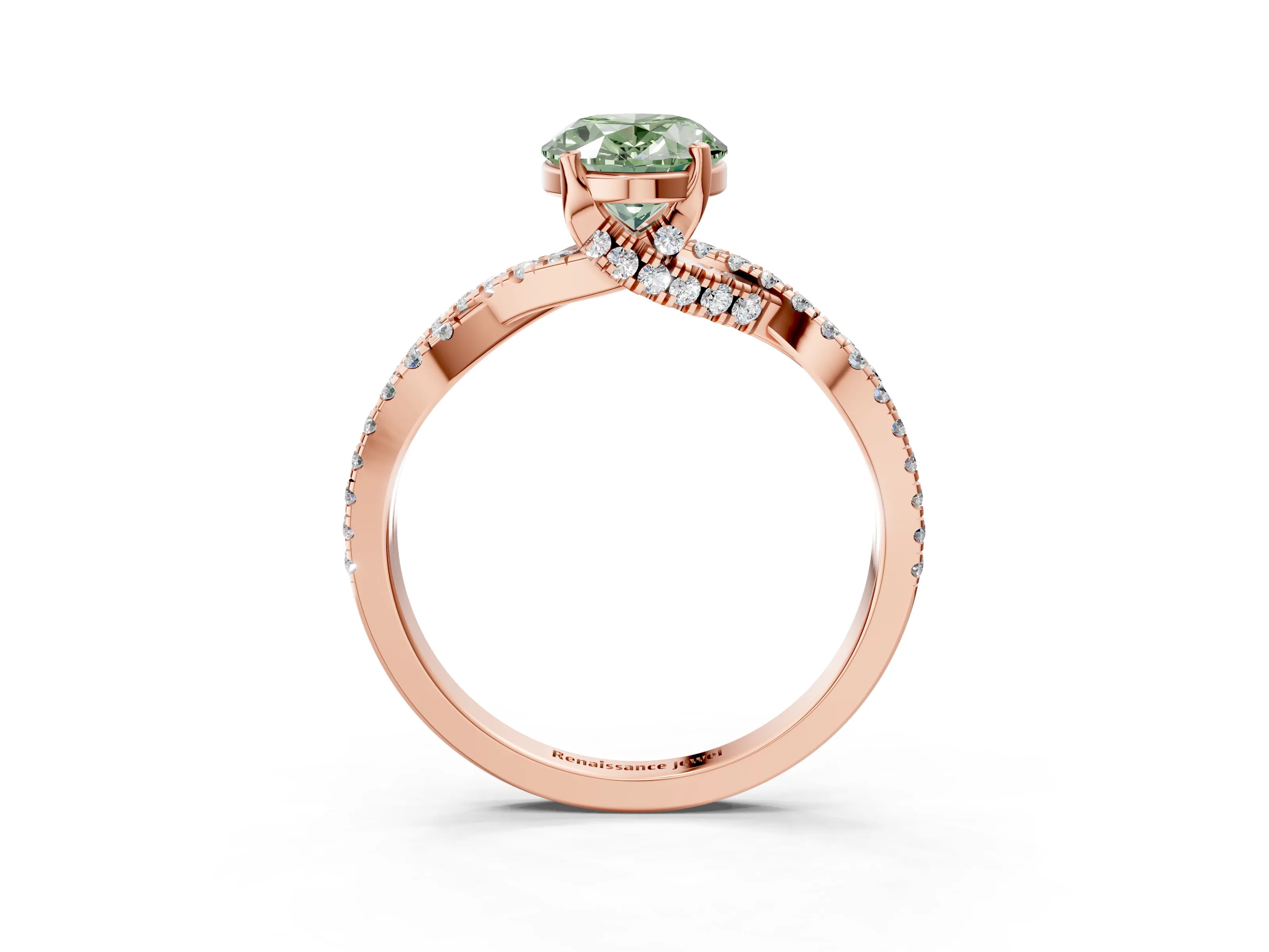 Rose gold Fancy Green Oval Cut Solitaire Twist Pave Diamond Engagement Ring with Prong Setting_3