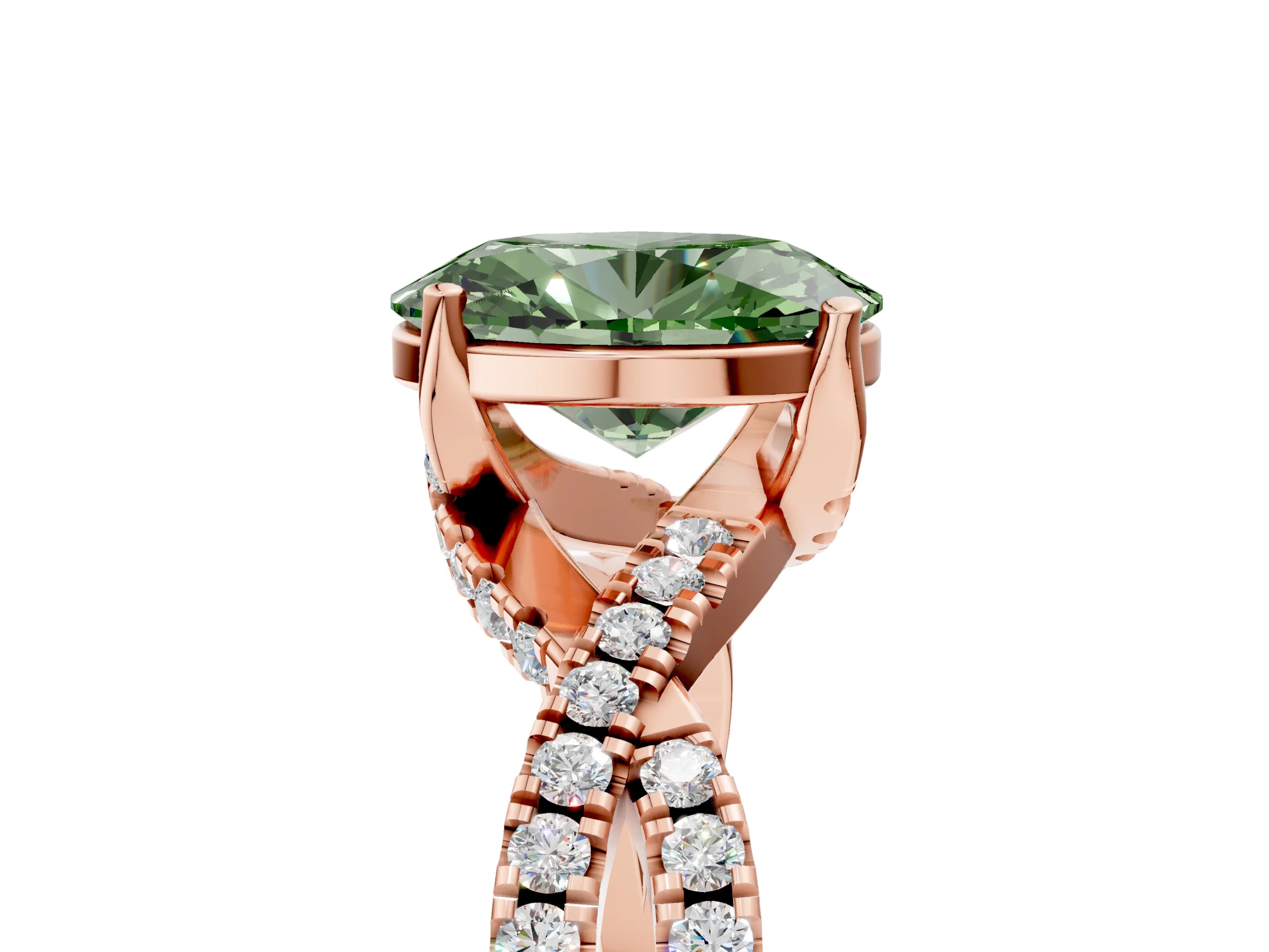 Rose gold Fancy Green Oval Cut Solitaire Twist Pave Diamond Engagement Ring with Prong Setting_5