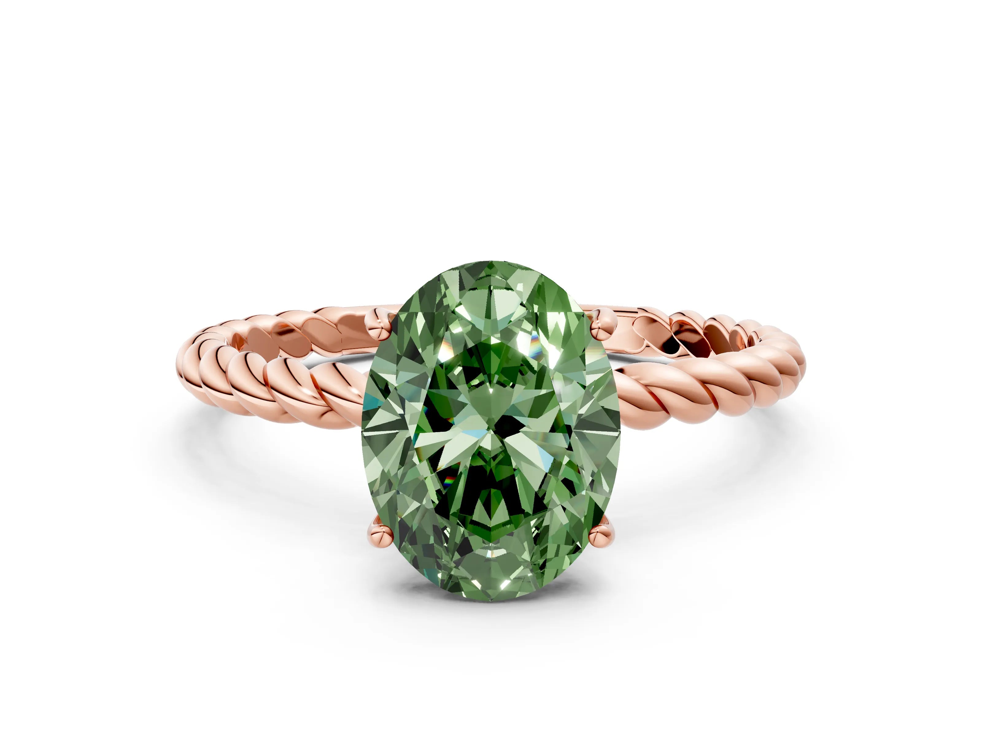Rose gold Fancy Green Oval Cut Solitaire Twisted Band 4-Prong Ring