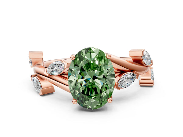 Rose gold Fancy Green Oval Cut Solitaire Twisted Band Marquise Accent Prong Setting Ring