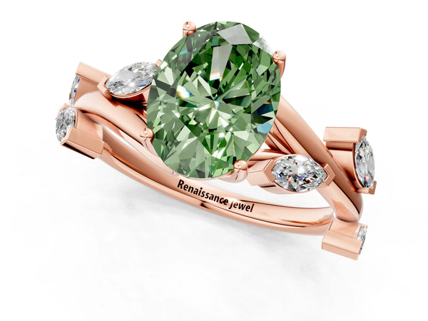 Rose gold Fancy Green Oval Cut Solitaire Twisted Band Marquise Accent Prong Setting Ring