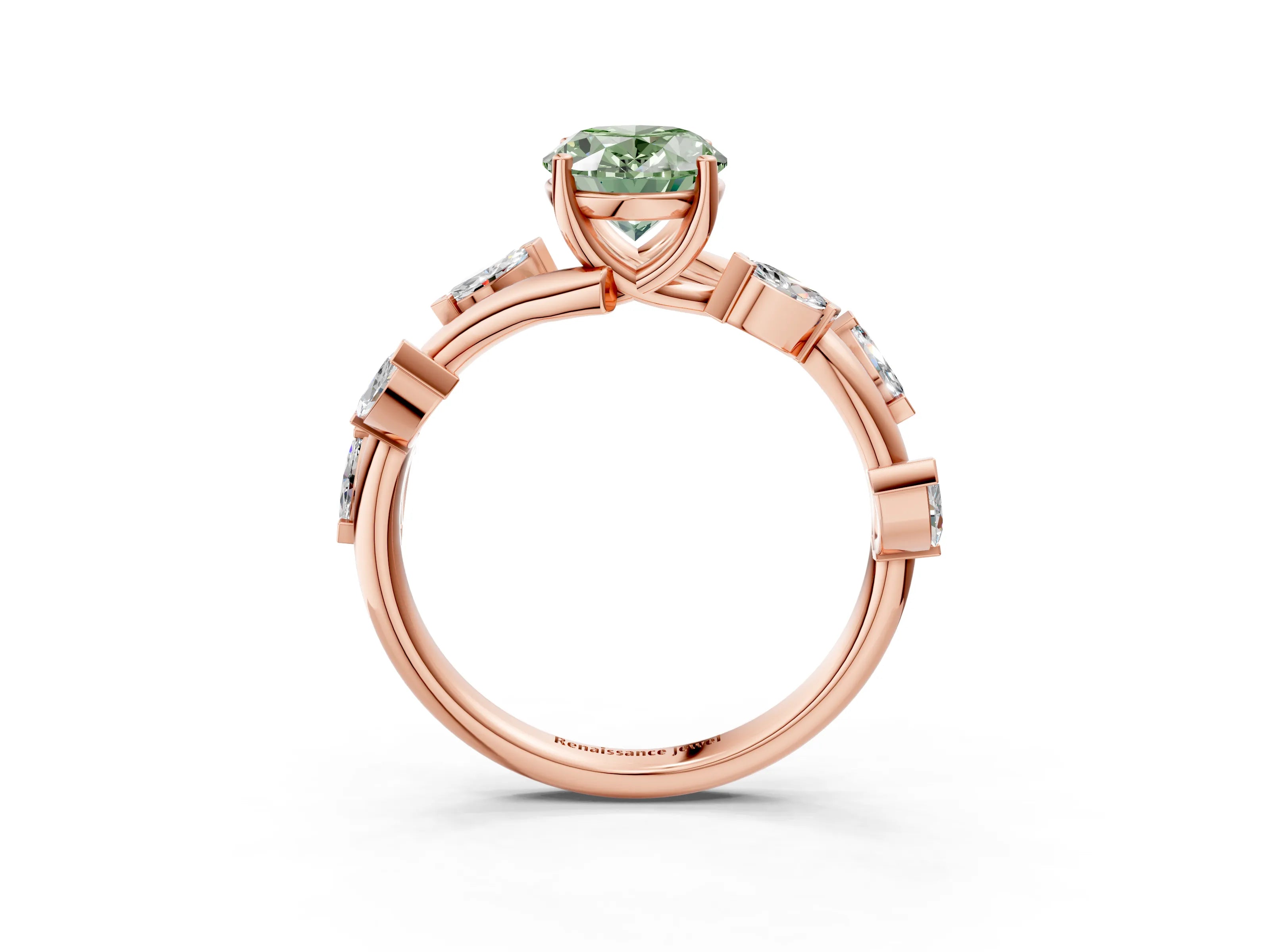 Rose gold Fancy Green Oval Cut Solitaire Twisted Band Marquise Accent Prong Setting Ring_3