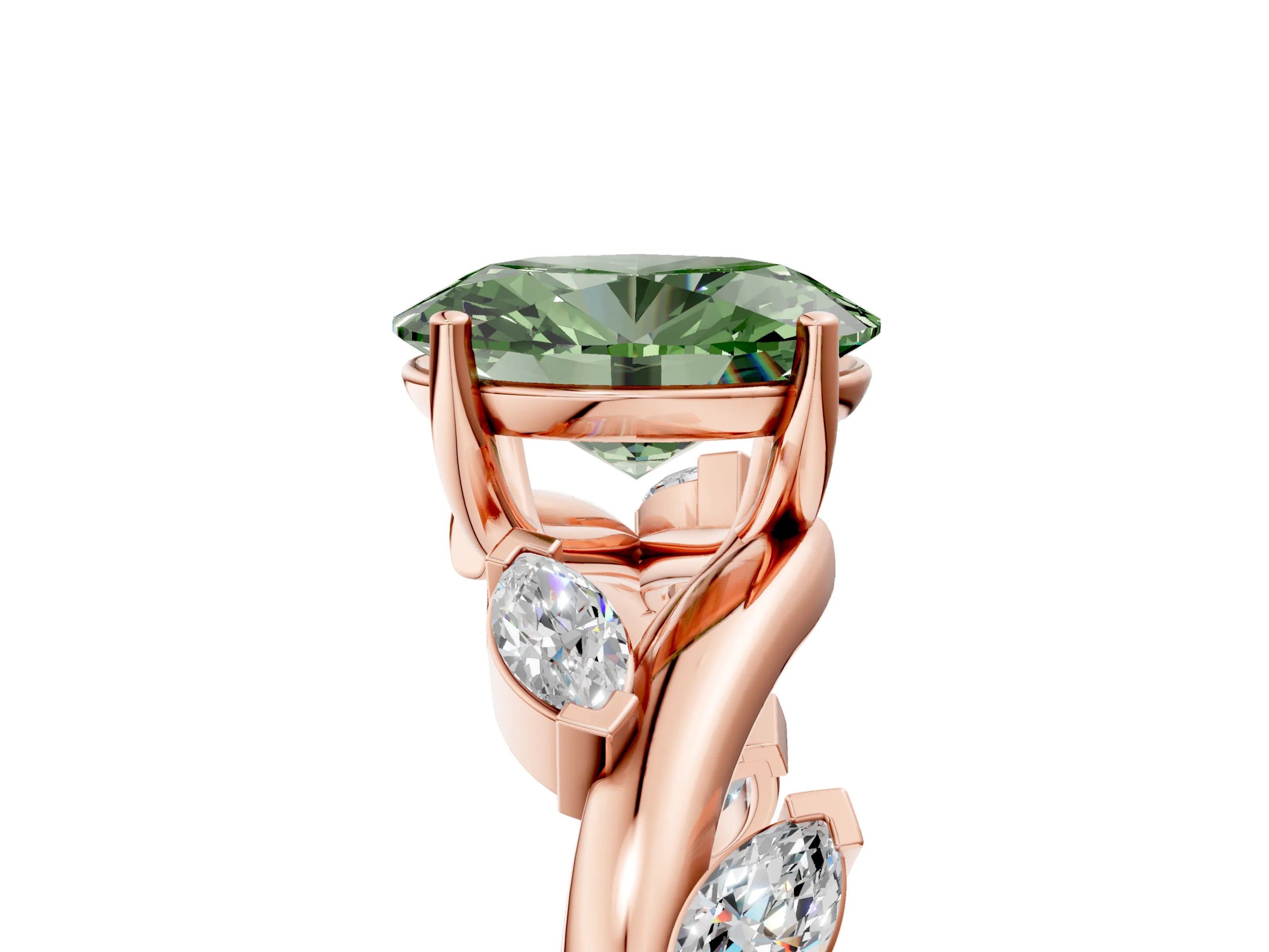 Rose gold Fancy Green Oval Cut Solitaire Twisted Band Marquise Accent Prong Setting Ring_5