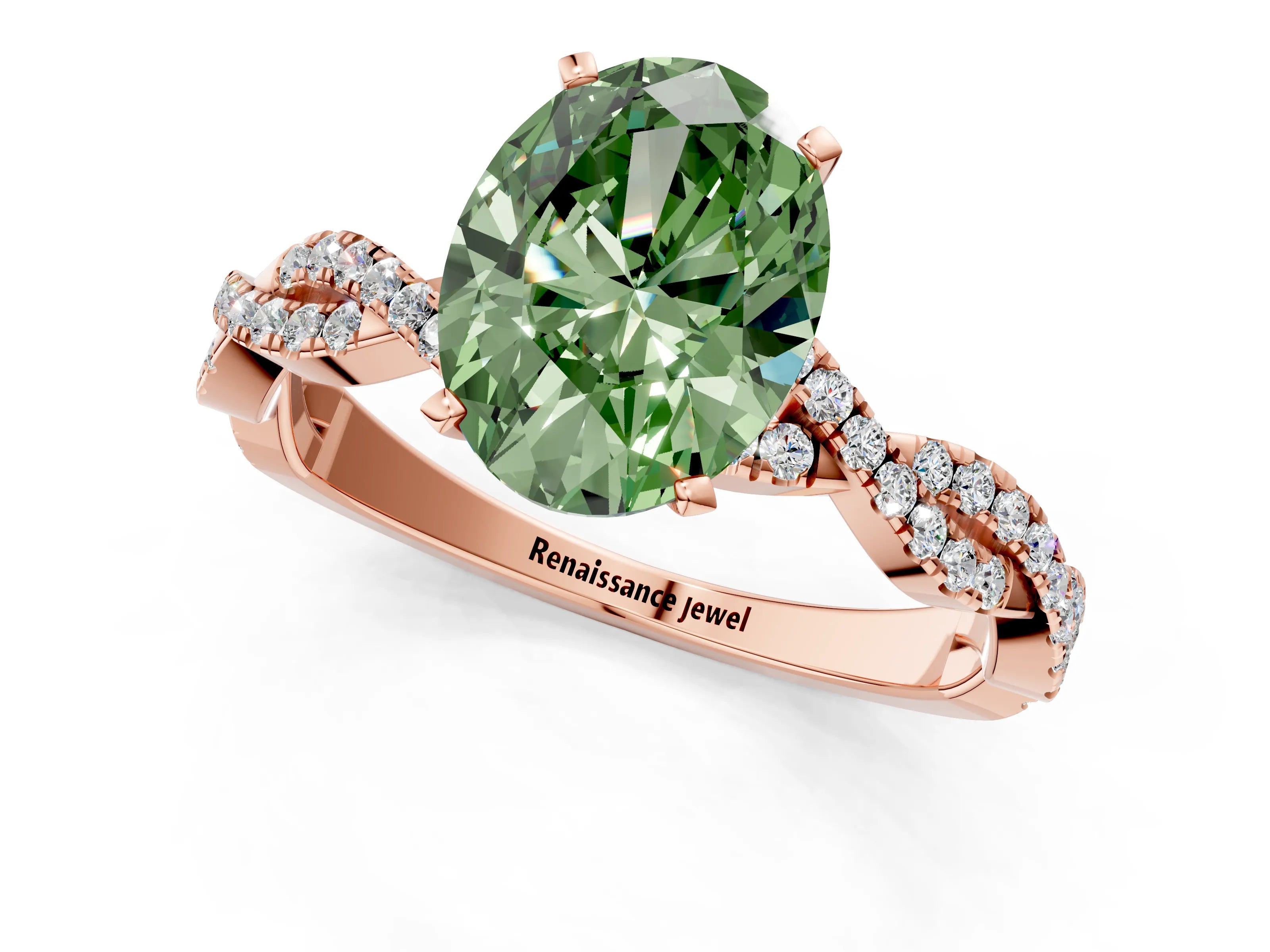 Rose gold Fancy Green Oval Cut Solitaire Twisted Pave Band with Four-Prong Setting_4