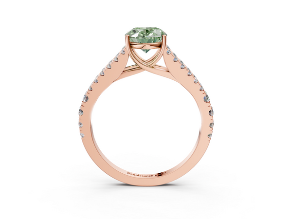 Rose gold Fancy Green Oval  Cut Split Shank Pave Diamond Engagement Ring with Four-Prong Setting