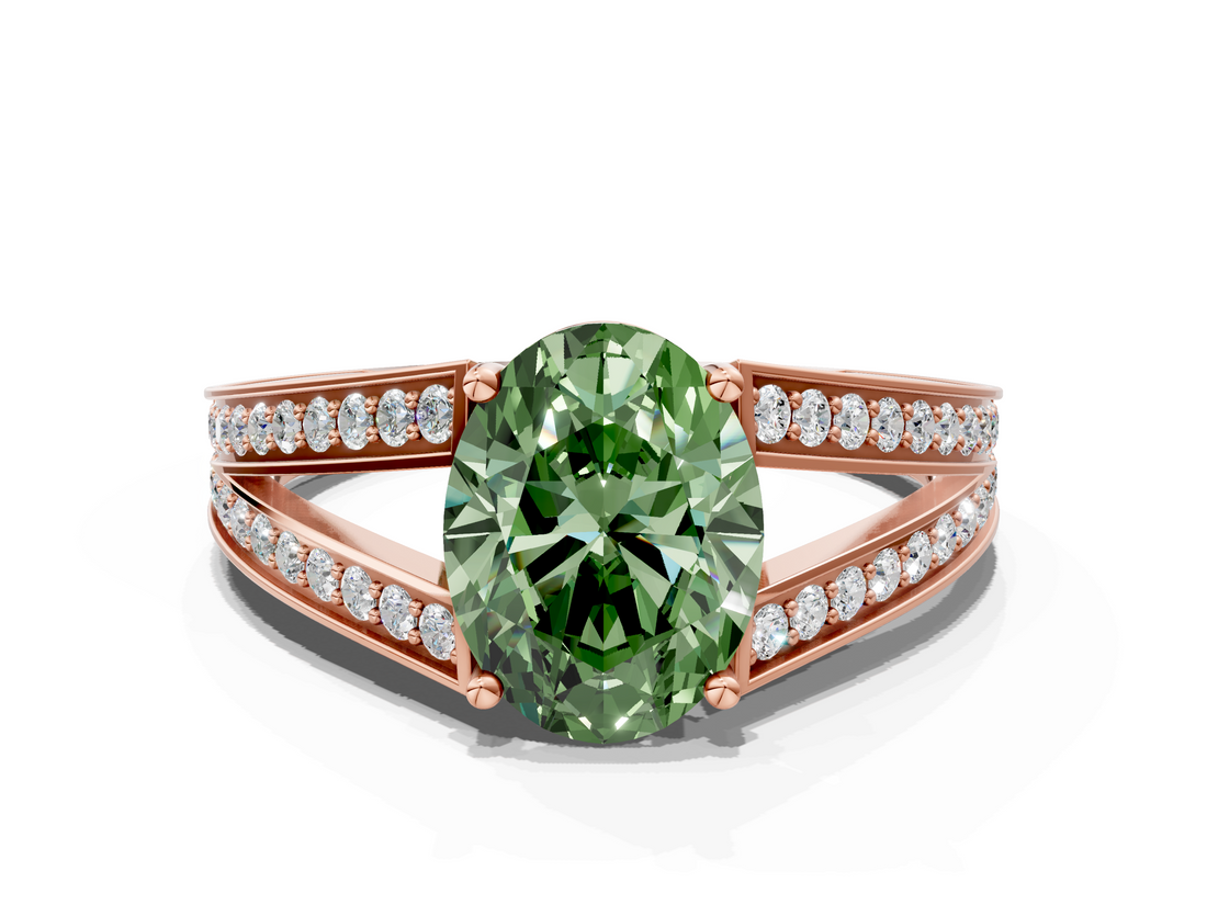 Rose gold Fancy Green Oval  Cut Split Shank Pave Diamond Ring with Four-Prong Setting_58