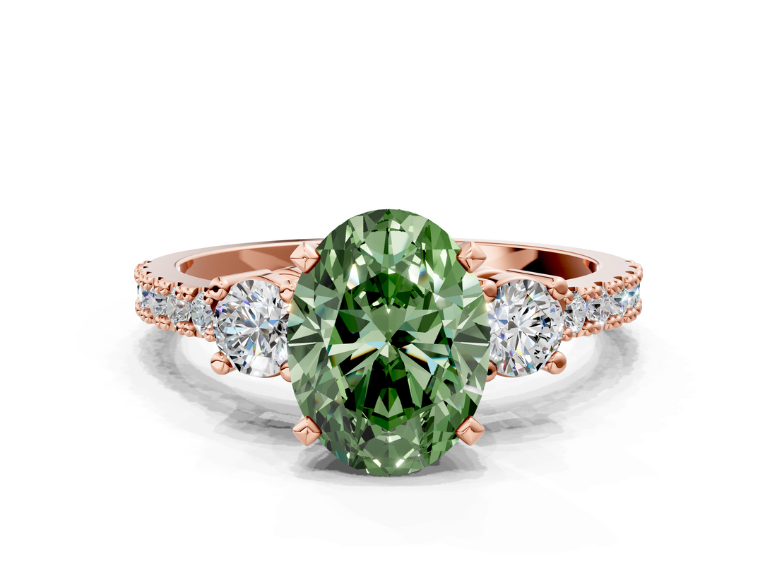 Rose gold Fancy Green Oval  Cut Three-Stone Diamond Pavé Band with Prong Setting_16