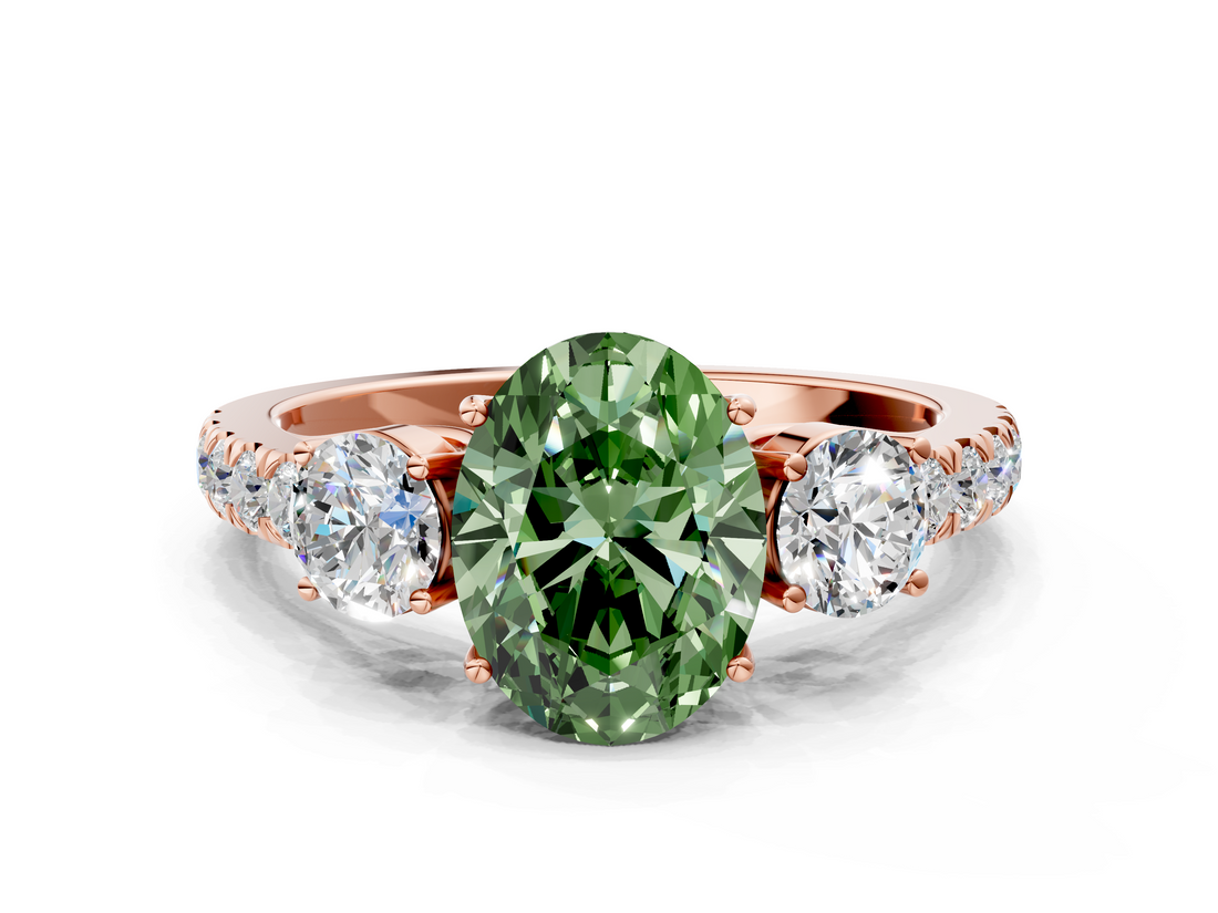 Rose gold Fancy Green Oval  Cut Three-Stone Diamond Pave Band with Prong Setting_37