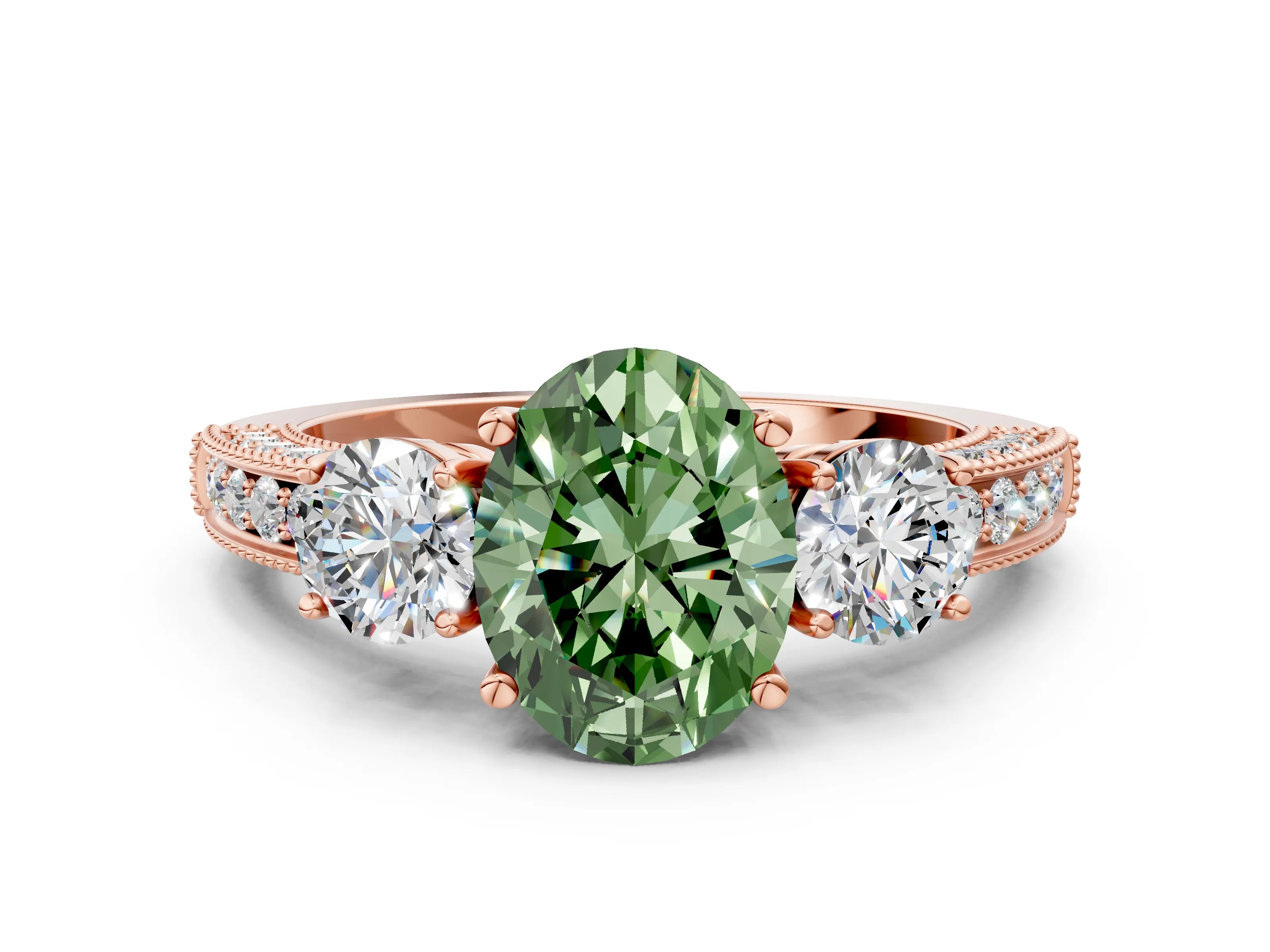 Rose gold Fancy Green Oval Cut Three-Stone Diamond Ring with Pavé Band and Four-Prong Setting