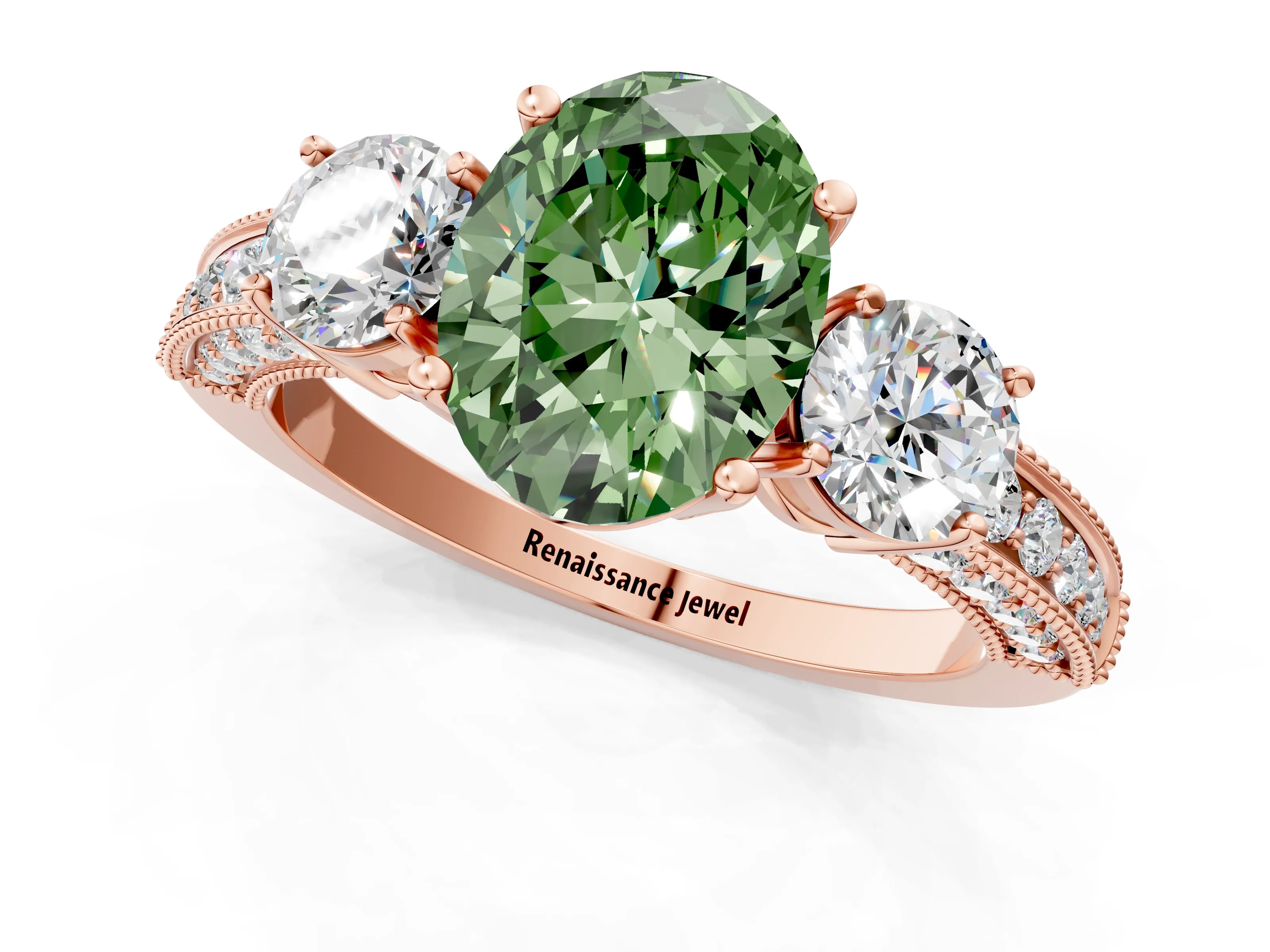 Rose gold Fancy Green Oval Cut Three-Stone Diamond Ring with Pavé Band and Four-Prong Setting_1