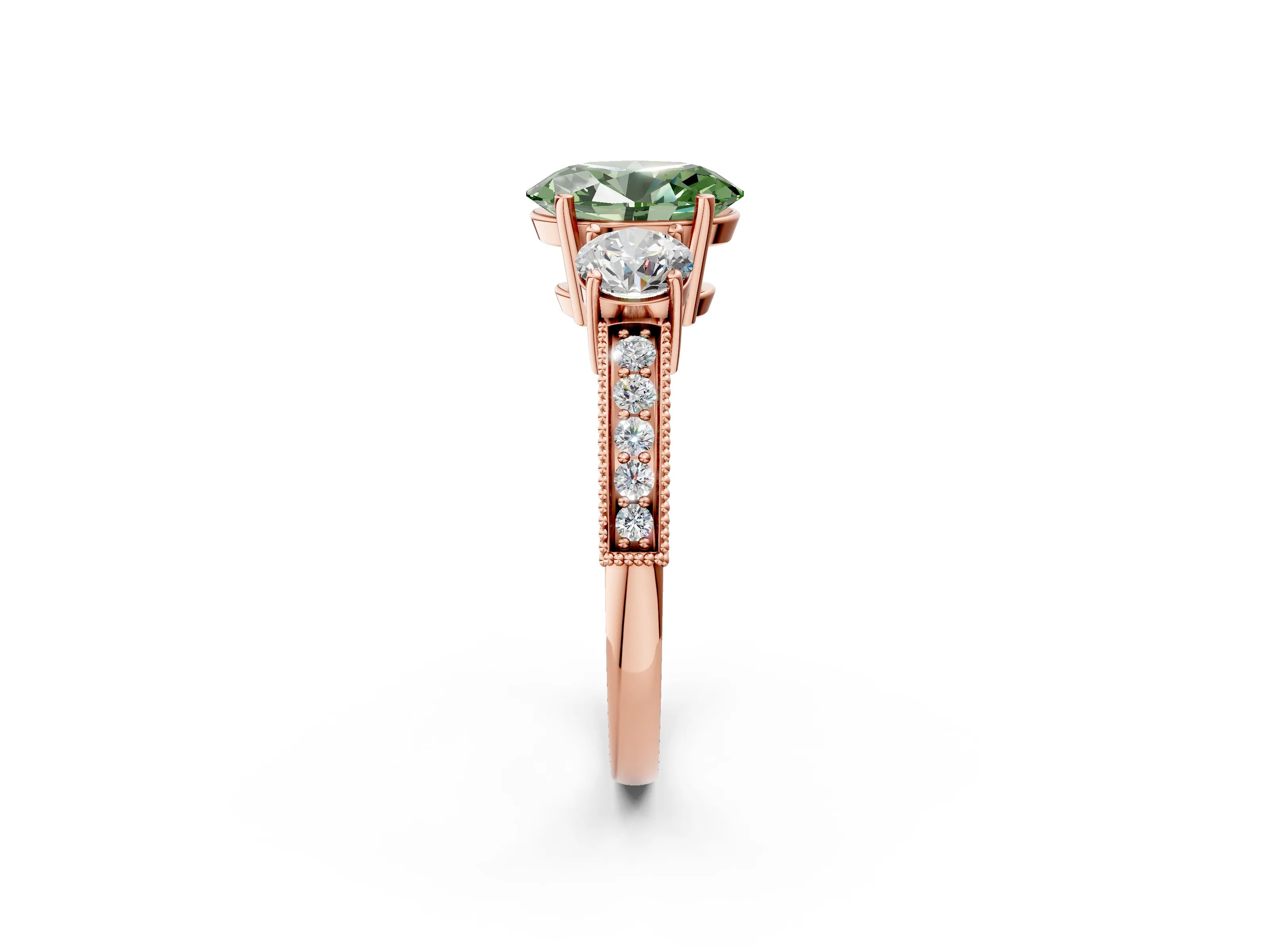 Rose gold Fancy Green Oval Cut Three-Stone Diamond Ring with Pavé Band and Four-Prong Setting_2