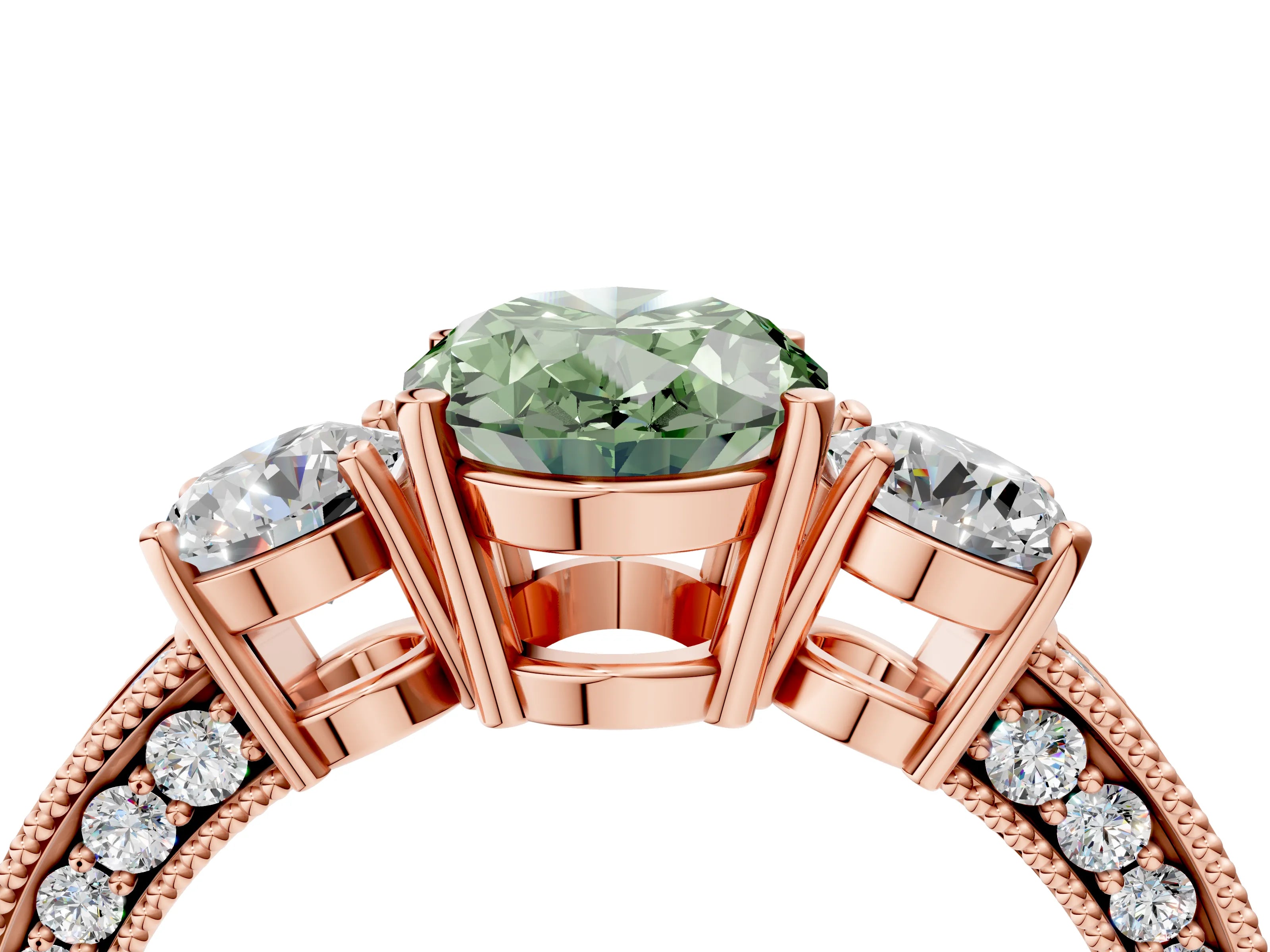 Rose gold Fancy Green Oval Cut Three-Stone Diamond Ring with Pavé Band and Four-Prong Setting_4