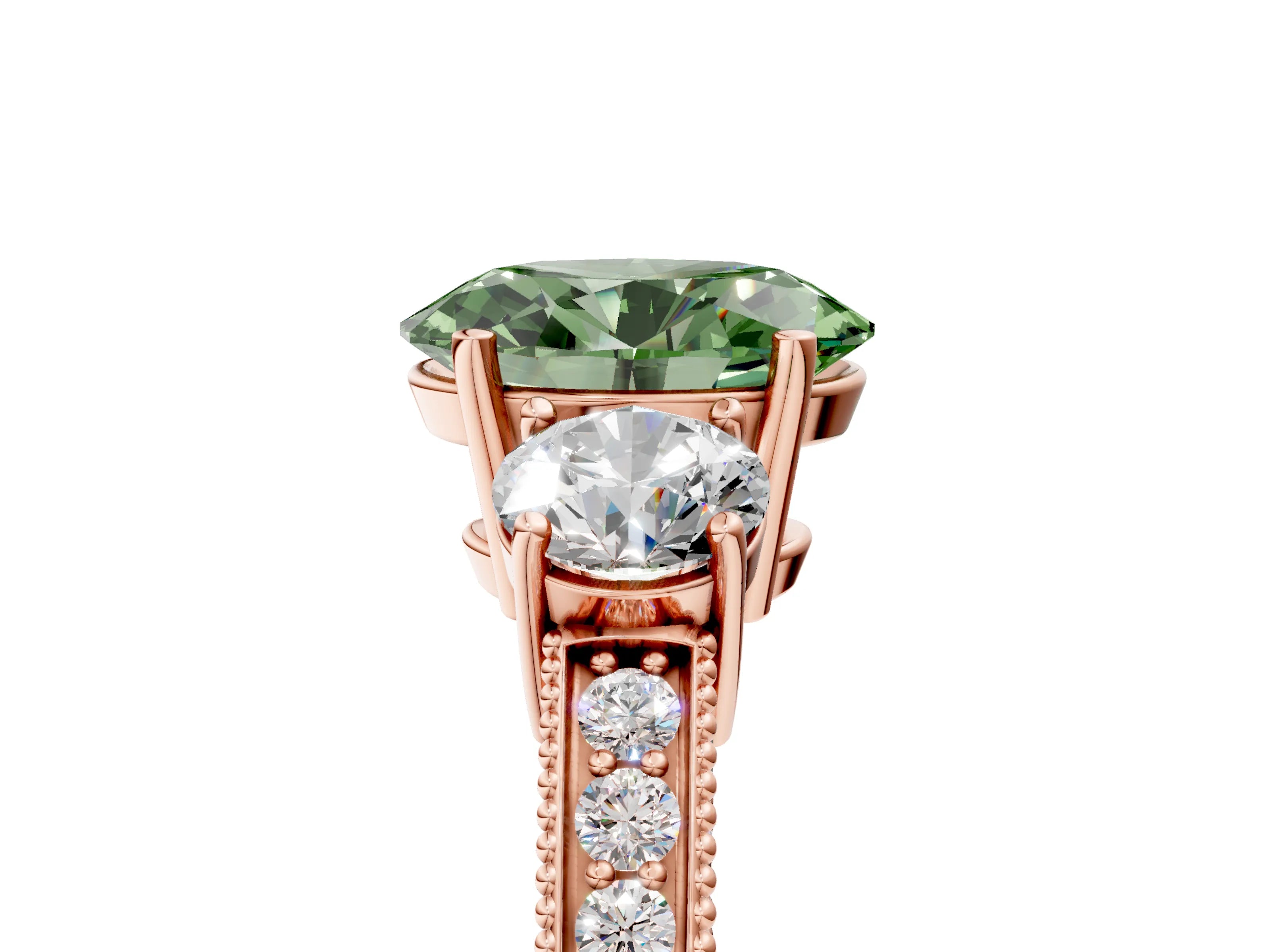 Rose gold Fancy Green Oval Cut Three-Stone Diamond Ring with Pavé Band and Four-Prong Setting_5