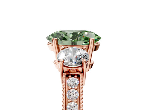 Rose gold Fancy Green Oval Cut Three-Stone Diamond Ring with Pavé Band and Four-Prong Setting_5