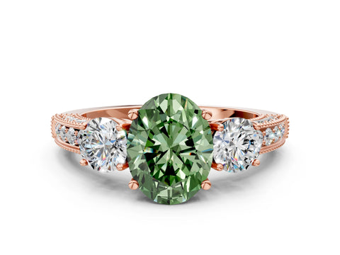 Rose gold Fancy Green Oval Cut Three-Stone Diamond Ring with Pavé Band and Four-Prong Setting