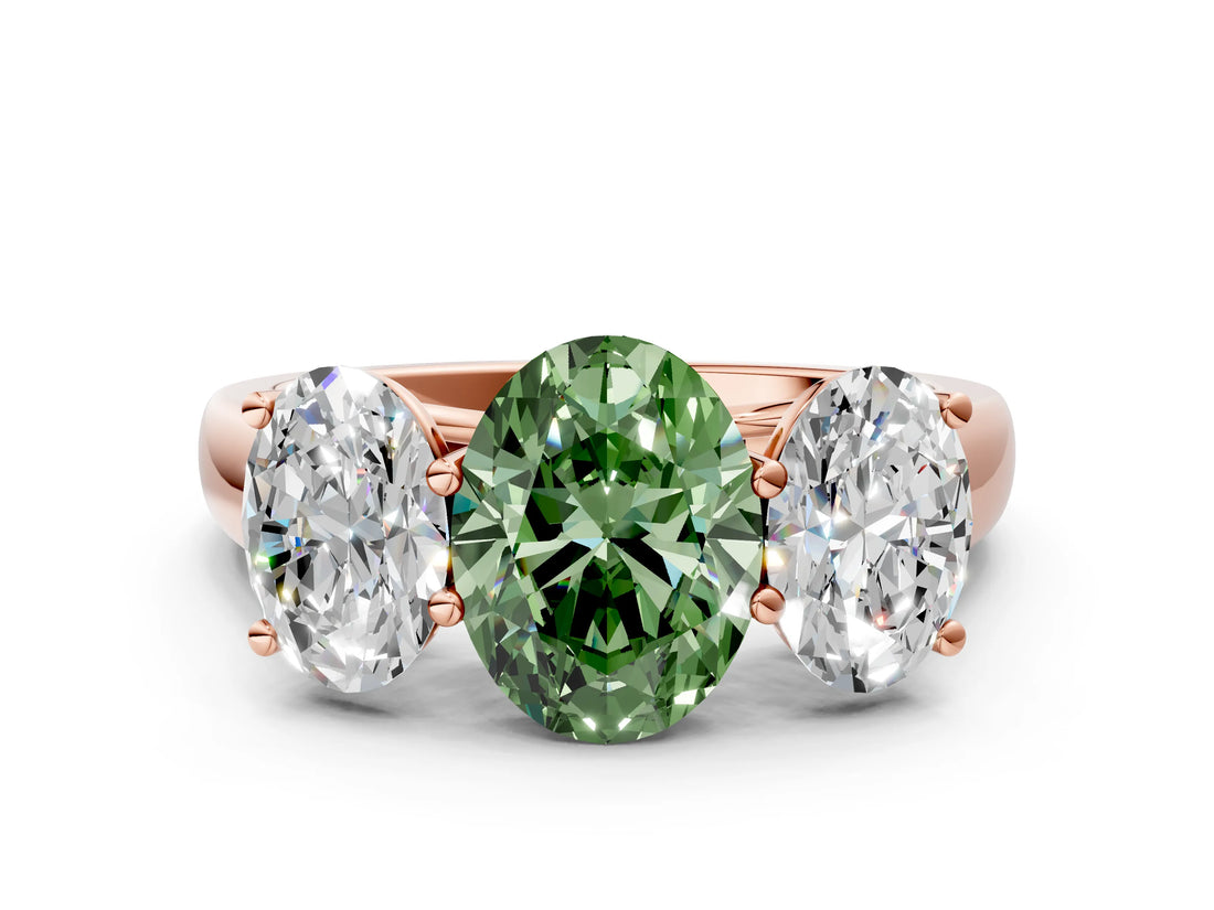 Rose gold Fancy Green Oval Cut Three-Stone Diamond Ring with Prong Setting on a Classic Band_12