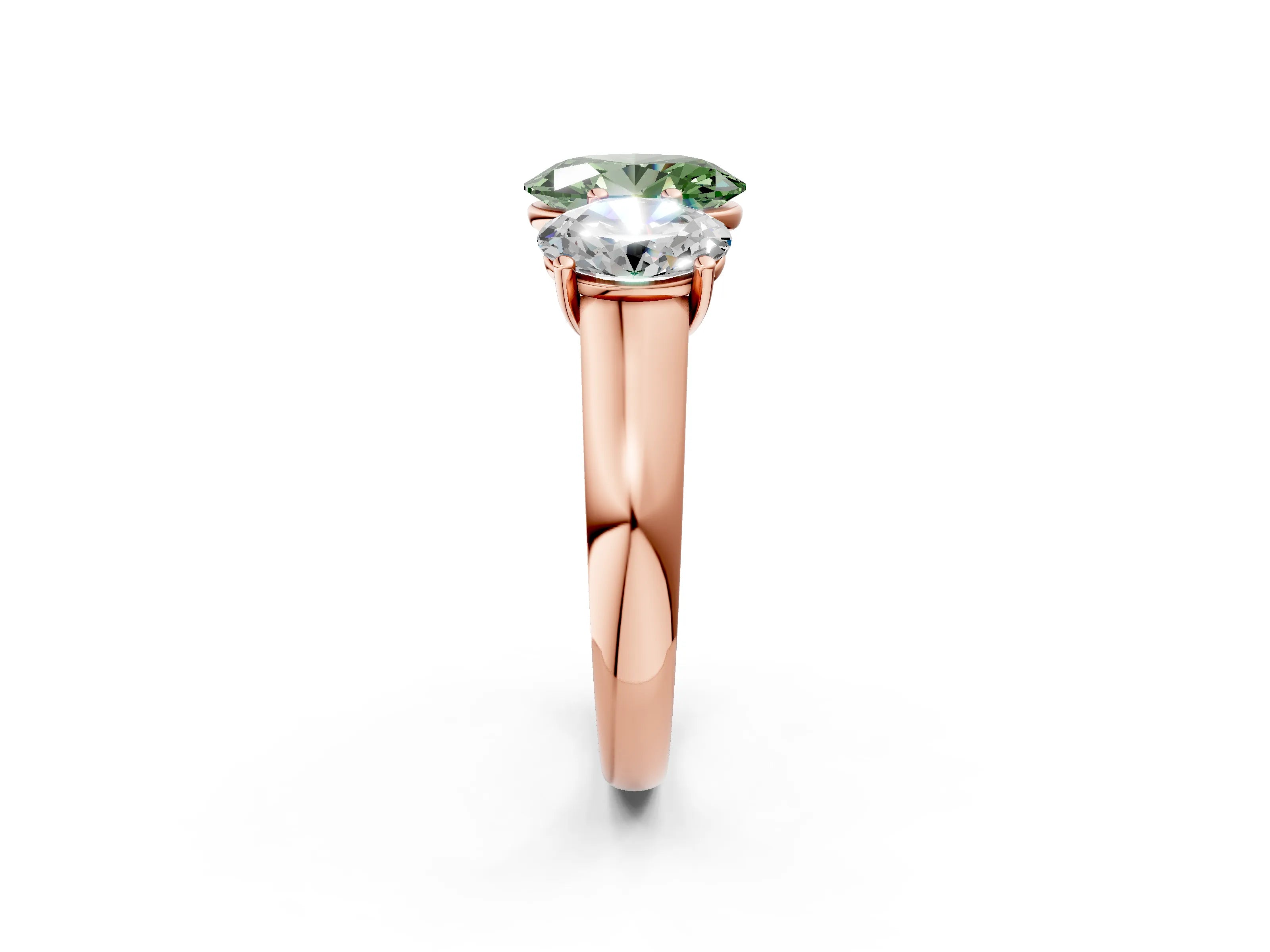 Rose gold Fancy Green Oval Cut Three-Stone Diamond Ring with Prong Setting on a Classic Band_2