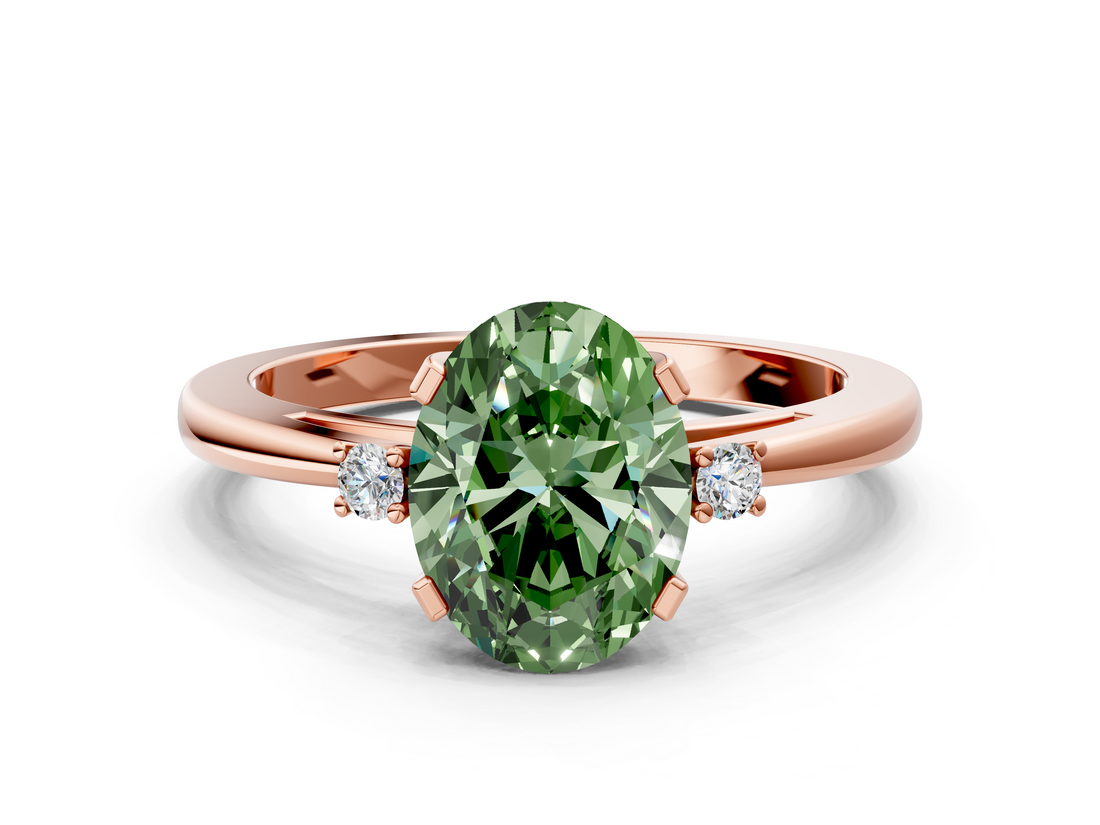 Rose gold Fancy Green Oval  Cut Three-Stone Solitaire Ring with Round Accent Diamonds and Four-Prong Setting_20