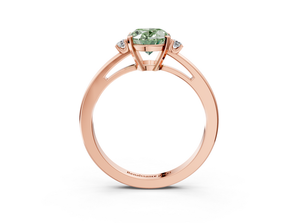 Rose gold Fancy Green Oval  Cut Three-Stone Solitaire Ring with Round Accent Diamonds and Four-Prong Setting