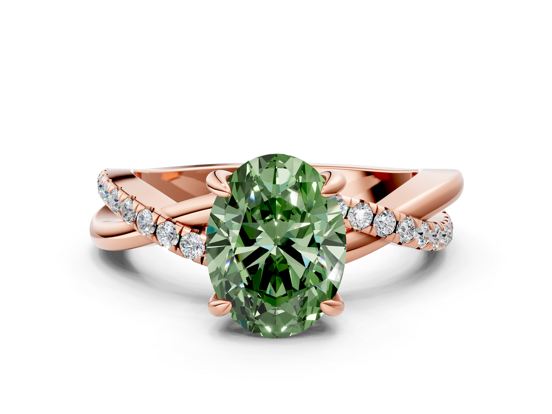 Rose gold Fancy Green Oval  Cut Twist Band Solitaire Diamond Ring with Pavé Setting_3