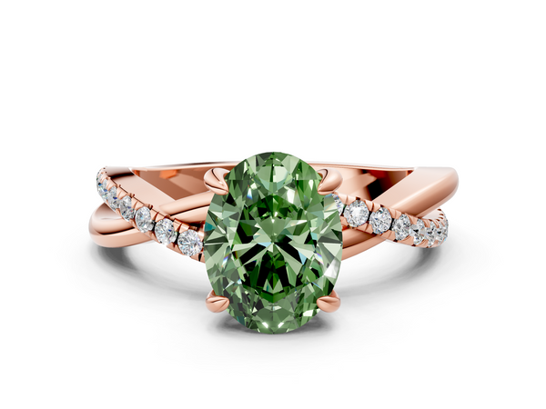 Rose gold Fancy Green Oval  Cut Twist Band Solitaire Diamond Ring with Pavé Setting