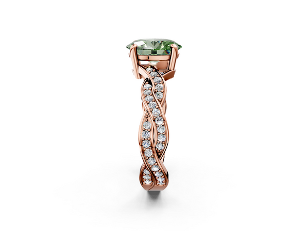 Rose gold Fancy Green Oval  Cut Twisted Pavé Band Solitaire Ring with Four-Prong Setting