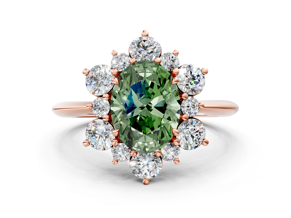 Rose gold Fancy Green Oval  Diamond Cluster Halo Ring with Solitaire Band and Four-Prong Setting_20