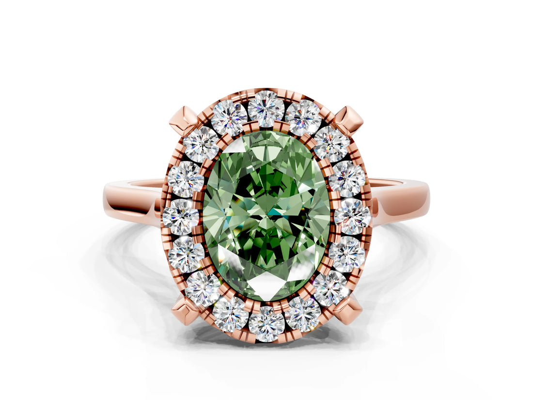 Rose gold Fancy Green Oval  Diamond Cluster Halo Solitaire with Four-Prong Setting_113