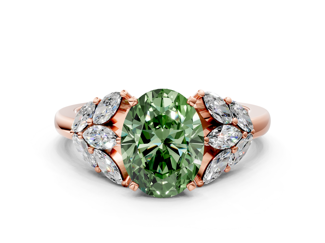 Rose gold Fancy Green Oval  Diamond Cluster Leaf Design Ring with Prong Setting_54