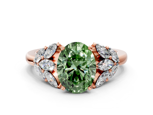 Rose Gold Oval Cluster Leaf Engagement Ring Setting for Fancy Green Center with Marquise Accents