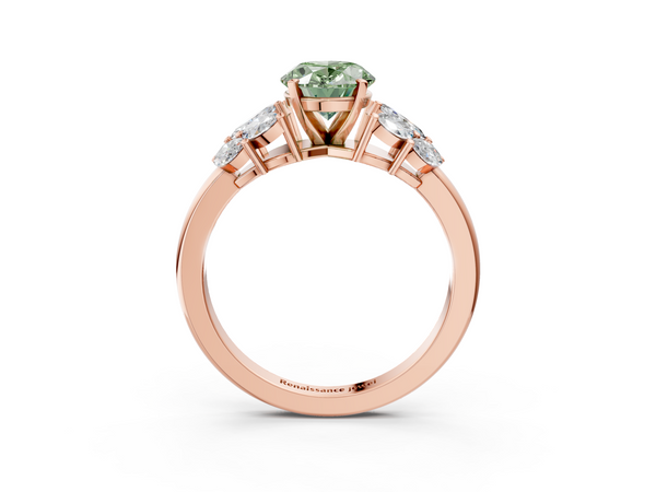 Rose Gold Oval Cluster Leaf Engagement Ring Setting for Fancy Green Center with Marquise Accents
