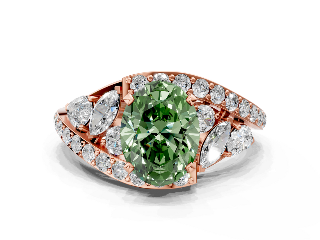 Rose gold Fancy Green Oval  Diamond Halo Ring with Marquise and Pavé Band in Prong Setting_67