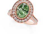 Rose gold Fancy Green Oval  Diamond Halo Ring with Milgrain Frame and Pavé Band 1