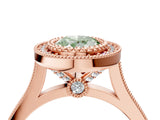 Rose gold Fancy Green Oval  Diamond Halo Ring with Milgrain Frame and Pavé Band 4