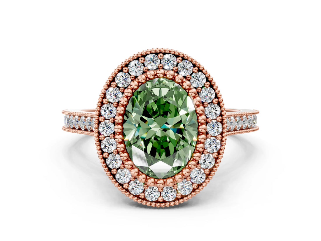 Rose gold Fancy Green Oval  Diamond Halo Ring with Milgrain Frame and Pavé Band