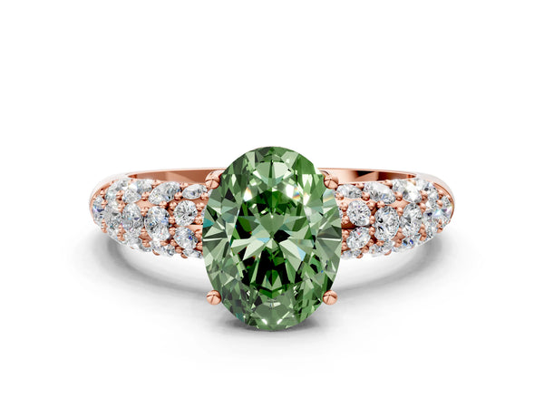 Rose gold Fancy Green Oval  Diamond Pavé Band Solitaire Ring with Four-Prong Setting