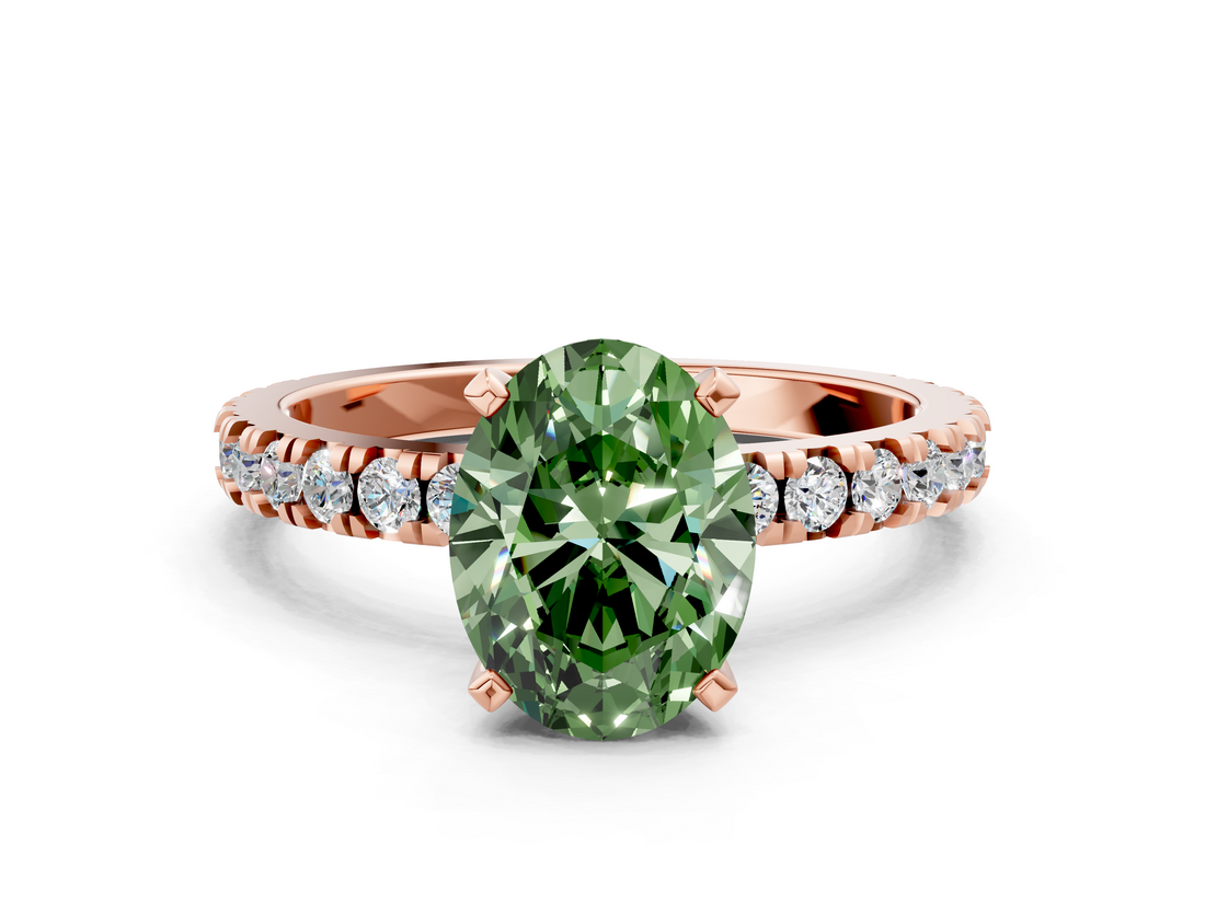 Rose gold Fancy Green Oval  Diamond Pavé Band Solitaire with Four-Prong Setting_217