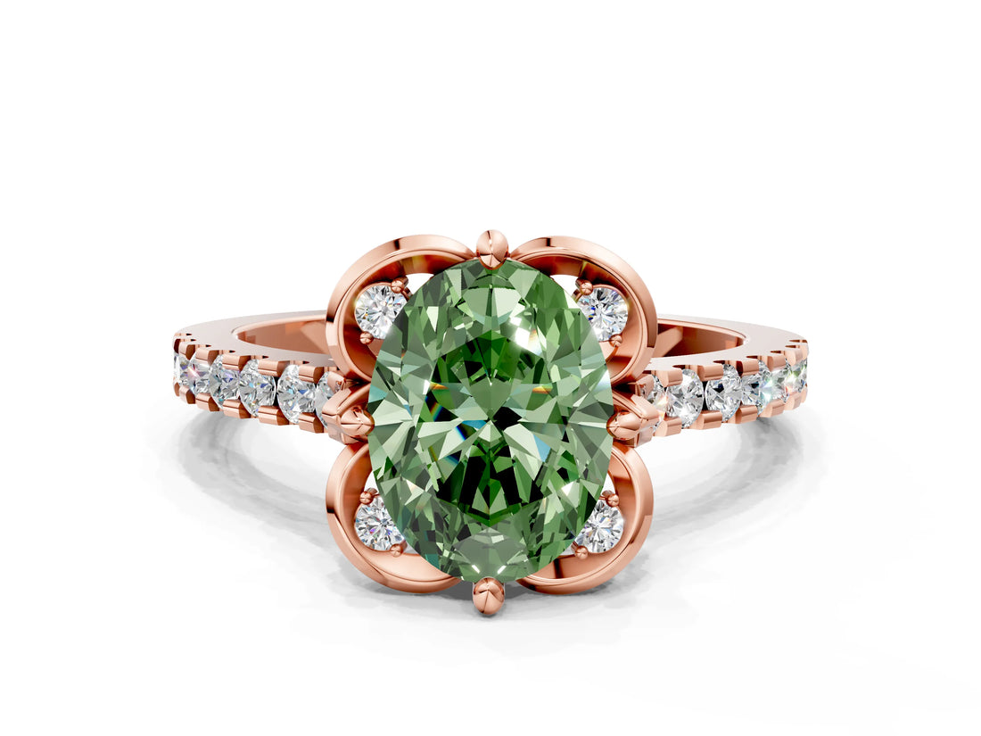 Rose gold Fancy Green Oval  Diamond Pave Band with Floral Prong Setting_27