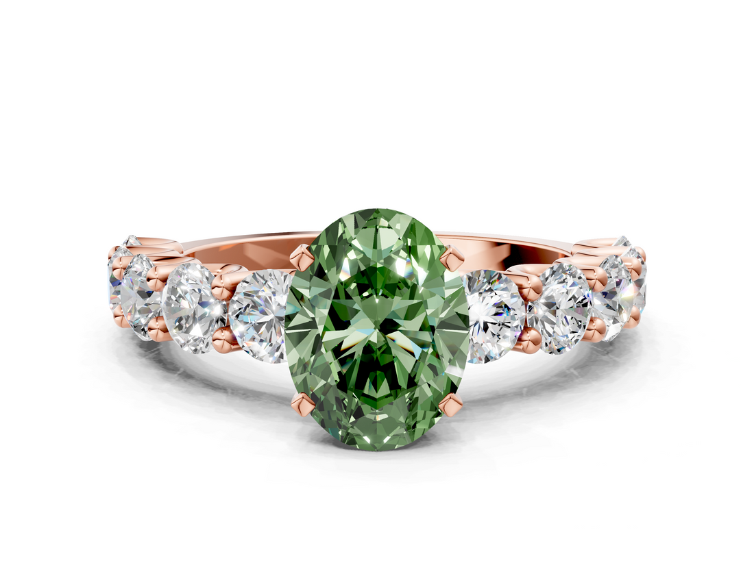Rose gold Fancy Green Oval  Diamond Prong Setting with Side Stones on a Pave Band_129