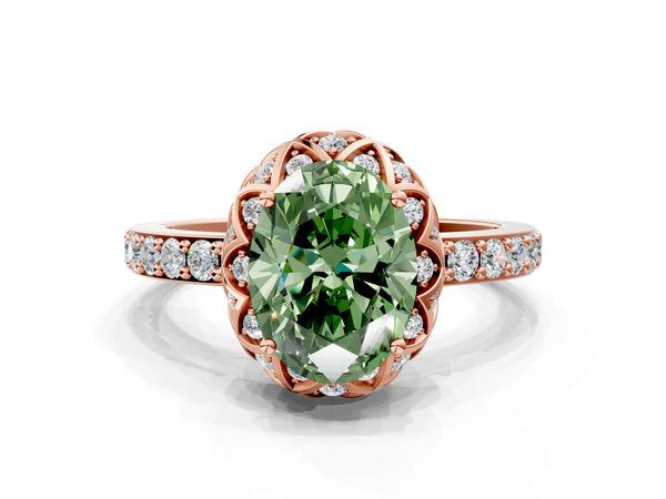 Rose gold Fancy Green Oval  Diamond Solitaire Ring with Shared Prong Pavé Band