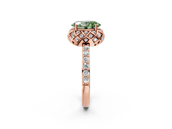 Rose gold Fancy Green Oval  Diamond Solitaire Ring with Shared Prong Pavé Band