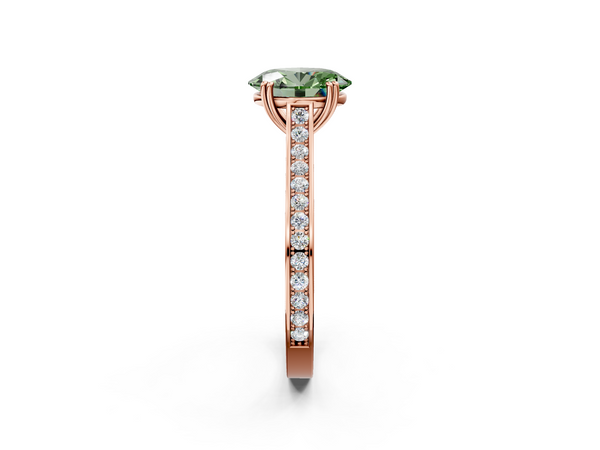 Rose gold Fancy Green Oval  Diamond Solitaire with Pave Band and Six-Prong Setting