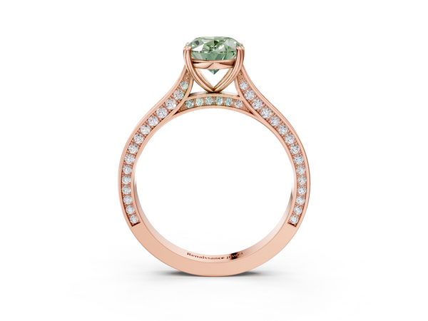 Rose gold Fancy Green Oval  Diamond Solitaire with Pave Band and Six-Prong Setting