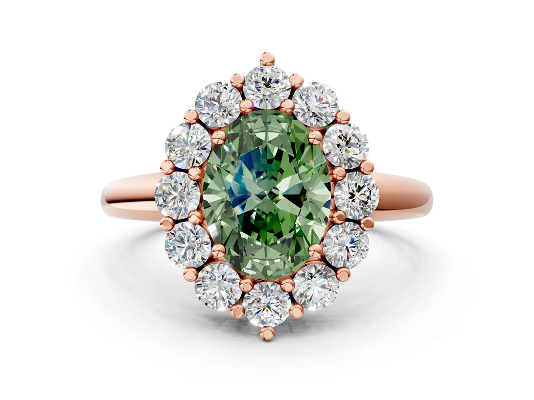 Rose gold Fancy Green Oval  Halo Cluster Diamond Engagement Ring with Prong Setting and Polished Band_51