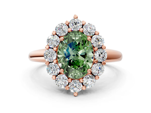 Rose gold Fancy Green Oval  Halo Cluster Diamond Engagement Ring with Prong Setting and Polished Band