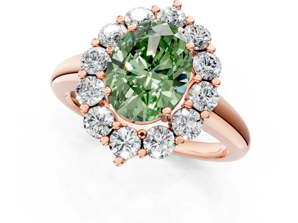 Rose gold Fancy Green Oval  Halo Cluster Diamond Engagement Ring with Prong Setting and Polished Band