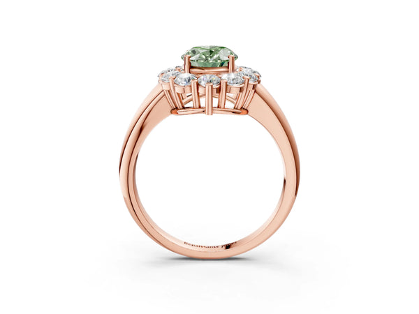 Rose gold Fancy Green Oval  Halo Cluster Diamond Engagement Ring with Prong Setting and Polished Band